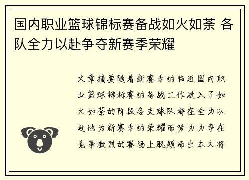国内职业篮球锦标赛备战如火如荼 各队全力以赴争夺新赛季荣耀