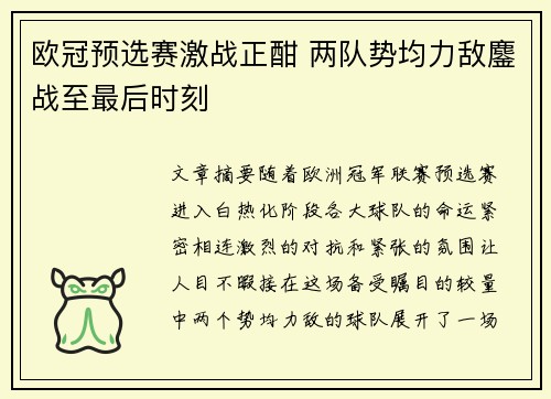 欧冠预选赛激战正酣 两队势均力敌鏖战至最后时刻