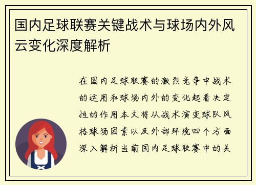 国内足球联赛关键战术与球场内外风云变化深度解析