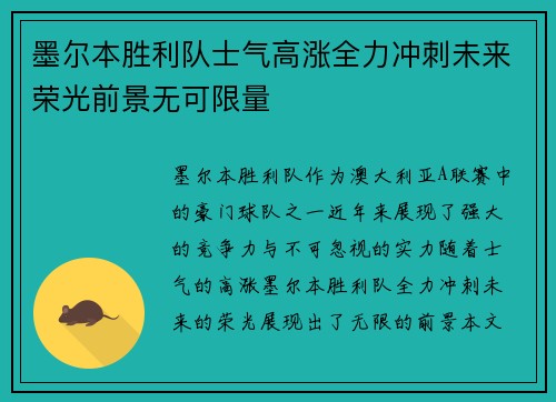 墨尔本胜利队士气高涨全力冲刺未来荣光前景无可限量